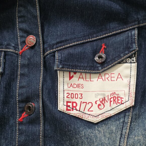 Vtg Ecko Red Jacket Women 14 Denim Faux Fur Hood No Pockets Lined Y2K Runs Small - Picture 8 of 16